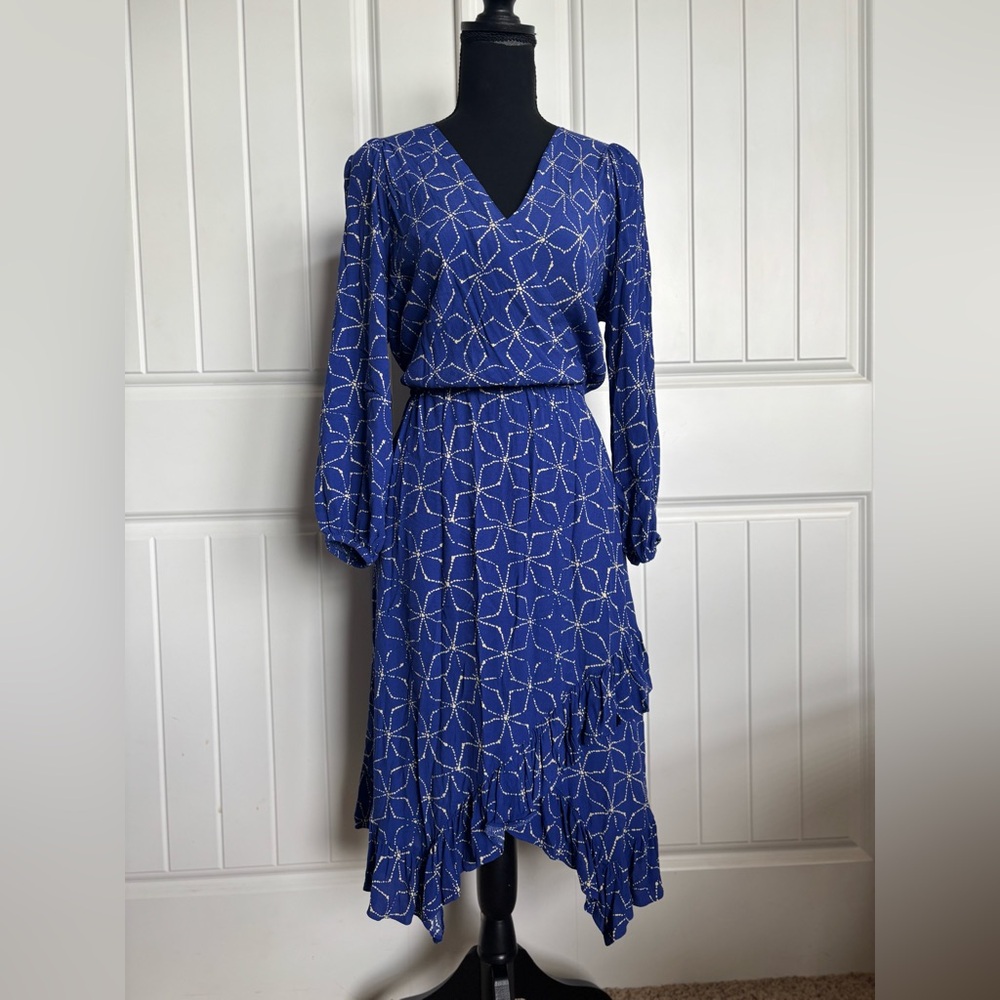 Plenty by Tracy Reese Blue Geometric V-Neck Long Sleeve Dress